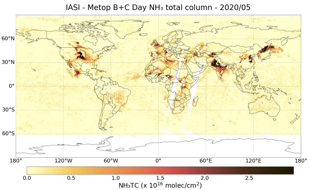 Il prodotto NRT IASI NH3 di AC SAF sarà disponibile 2 iasi nh3 v3 1 day monthgridded 05 2020 05deg all lajolla nocloudflag