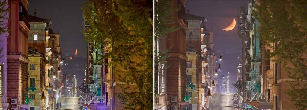 Lunistizio Via Sistina 13-14Apr2024-1536x553 Tramonto della Luna lungo l’Asse sistino al lunistizio superiore visto da Piazza Esquilino il 14 (a sinistra) e il 13 (a destra) aprile 2024. L’azimut del punto di scomparsa cambia leggermente da una notte all’altra. Crediti: Gianluca Masi, Virtual Telescope Project/Inaf