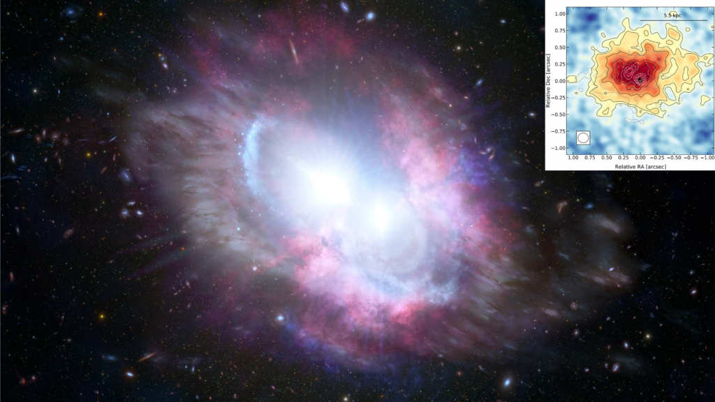 Vlt e Alma catturano raffiche di vento relativistico da un quasar in piena attività 2 VLT e ALMA Alone gigante di gas freddo, esteso quasi 50 mila anni luce, rivelato attorno ad una galassia dell’Universo di circa 13 miliardi di anni fa tramite osservazioni multibanda. Questa scoperta fornisce informazioni chiave su come il gas venga espulso o catturato dalle galassie dell’Universo giovane. Crediti: International Gemini Observatory/NOIRLab/NSF/AURA/M. Zamani, J. da Silva & M. Bischetti alone