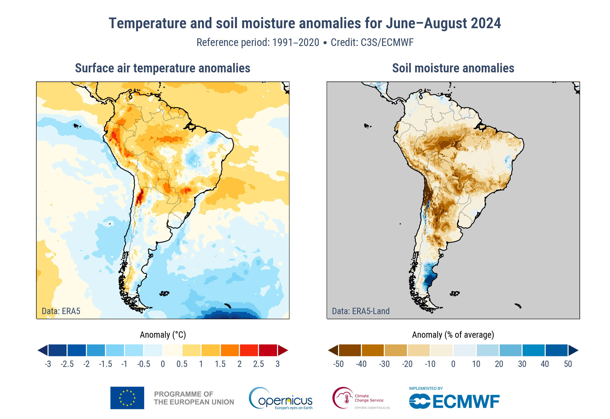 map era5 2t swvl1 anomaly seasonal 2panels samerica 202408